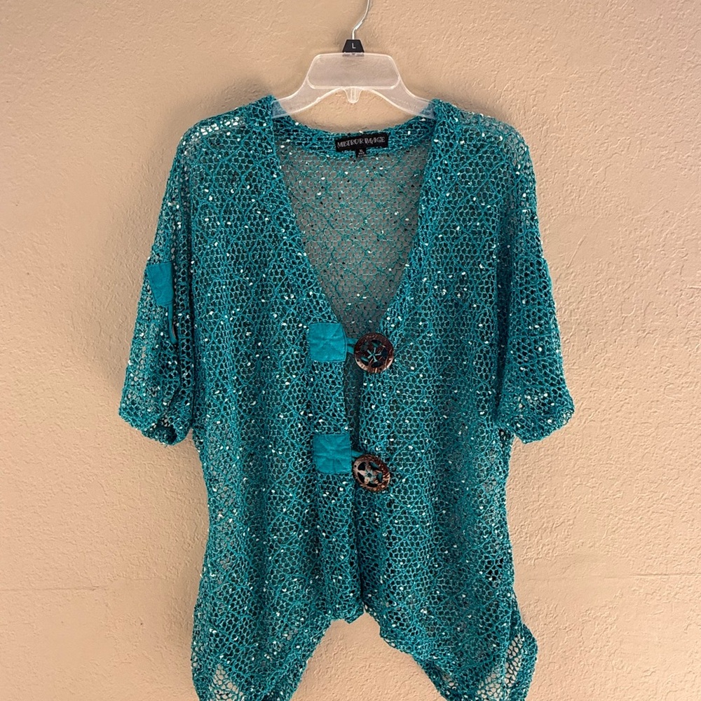 Women's Teal Crochet Swim Coverup with Button Front